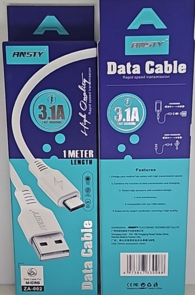 Кабель Ansty "1000mm" MicroUSB 3.1A (ZA-002)